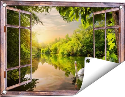Gards Tuinposter Doorkijk Zwaan op het Water in het Bos - 60x40 cm - Tuindoek - Tuindecoratie - Wanddecoratie buiten - Tuinschilderij