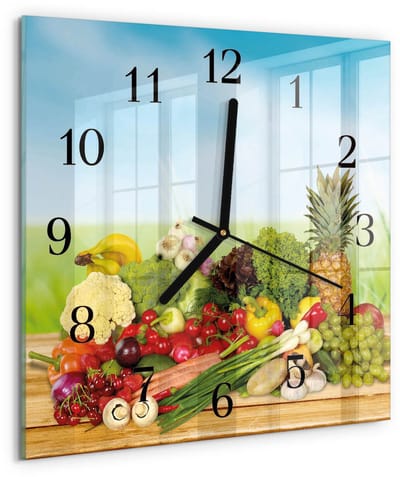 Tulup Wandklok - Groenten en fruit Glazen Wandklok Design - 30x30 cm - Veelkleurig Klok Glas Met Opdruk - Zwarte Handen - Vierkante Wandklok - Wandklok Glas Met Motief - Decoratieve Glazen Klok