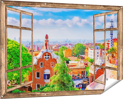 Gards Tuinposter Doorkijk Park Güell in Barcelona - Kleurrijk - 150x100 cm - Tuindoek - Tuindecoratie - Wanddecoratie buiten - Tuinschilderij