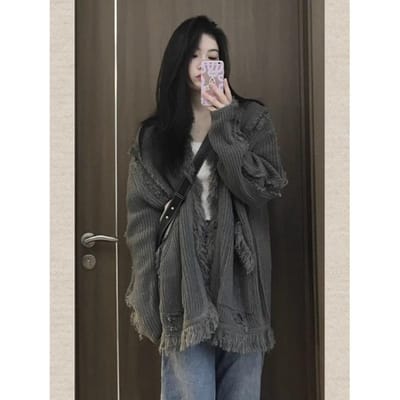 Gebreide Trui Dames Herfst en Winter Nieuwe Stijl Lazy Style Raw Edge Kwast Losse Lange Mouw Cardigan Top Jas One size black