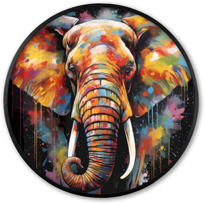 Poster in lijst Rond - Fotolijst 60x60 cm - Posters - Olifant - Graffiti - Zwart - Dieren - Kleuren - Ronde posterlijst zwart - Decoratie - Wanddecoratie woonkamer - Muurdecoratie slaapkamer
