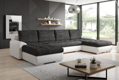 Hoekbank U Tokio xl - wooneiland hoeksalon met bed en opbergruimte - wit en zwart stof + pu - hoekzetel zetelsenbedden