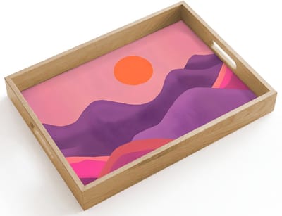 Dienblad hout 40x30 cm - Schootdienblad - Zon - Heuvels - Paars - Abstract - Borrelplank rechthoek - Plateau dienbladen