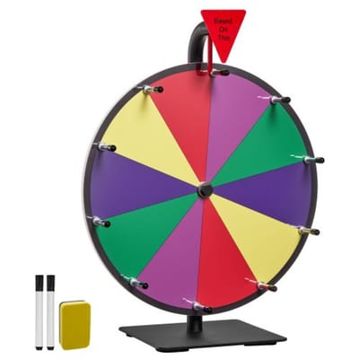 VEVOR Wheel of Fortune (305 mm) 10 Slots Wheel of Fortune met standaard, loterijspellen Winnende Roulette met schoolbordwisser en 2 stiften, 6 kleuren, draaiend prijzenwiel Ideaal voor feestcafés, beurzen