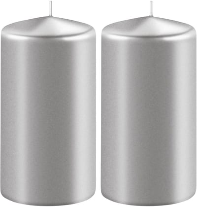 Enlightening Candles Cilinderkaars stompkaars - 2x - zilver - D6 x H15 cm - 58 branduren - Dikke kaarsen - Voor kandelaar of plateau