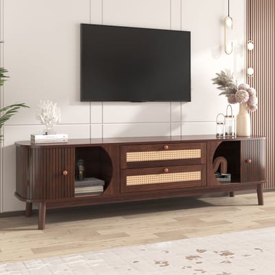 Tv-meubel in Scandinavische stijl - TV-bankje - TV-kast met opbergruimte - met twee lades - houtnerf - walnootkleur