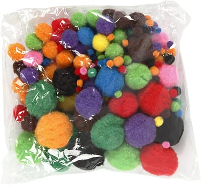 Pompons, d 5-40 mm, ca. 150 stuk, diverse kleuren, 42 gr/ 1 doos
