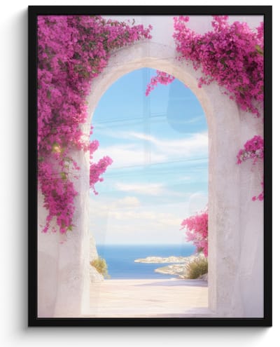 Poster in lijst - Fotolijst 50x70 cm - Posters - Zee - Roze - Bloemen - Poort - Posterlijst zwart - Decoratie - Wanddecoratie woonkamer - Muurdecoratie slaapkamer