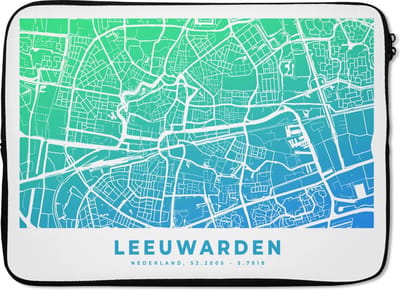 Laptophoes 14 inch - Stadskaart - Leeuwarden - Nederland - Blauw - Laptop sleeve - Binnenmaat 33x23 cm - Zwarte achterkant