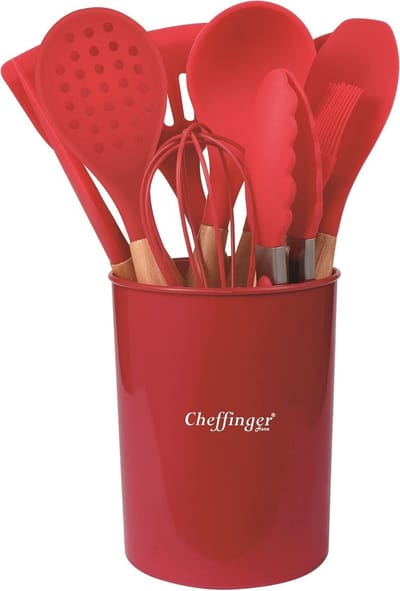 Cheffinger Keukengerei Set met Houder - 12-delig - Rood - Kookgerei Set