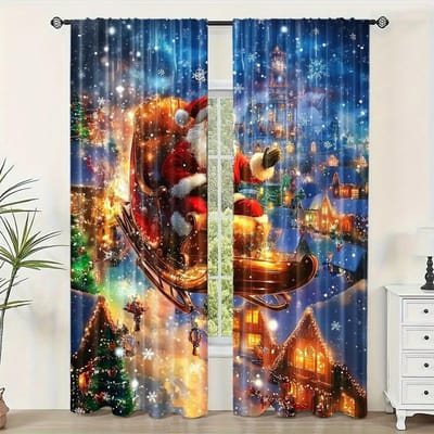 2 Panelen Kerst Sneeuw Kerstman Gordijnen Semi-Verduisterend Gordijn Voor Slaapkamer Woonkamer Raam Keuken Kantoor Huisdecoratie 100W130H(CM)40x51in&rod pocket