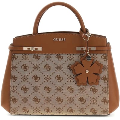 GUESS handtas schoudertas Melinda Logo Tri Compartment Satchel Latte Logo bruine