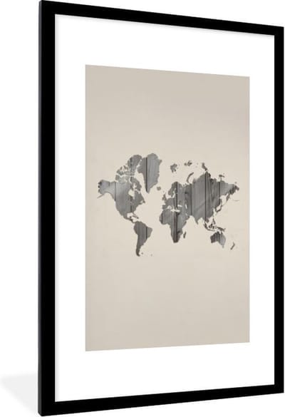 Poster in lijst - Fotolijst 80x120 cm - Posters - Wereldkaart - Houten plank - Grijs - Posterlijst zwart - Decoratie - Wanddecoratie woonkamer - Muurdecoratie slaapkamer
