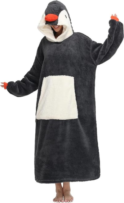 Oversized Hoodie Deken - Draagbare deken - Warm Blijven - Grote Opbergzak - One Size - Pinguïn Patroon