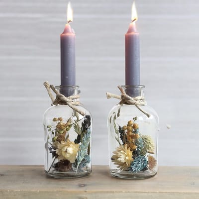 Set van 2 Droogbloemen in Glas met Kandelaar, Duurzame Bloemendecoratie Cadeau