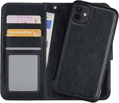 Hoesje - 2 in 1 - Geschikt voor Apple iPhone 12 - Met Uitneembare Hard Cover - Bookcase - Wallet Case - Met Pasjeshouder - Book Case - Uitneembaar - Pashouder - Kunstleer - Zwart