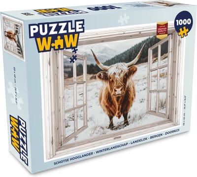 Puzzel Schotse Hooglander - Winterlandschap - Landelijk - Bergen - Doorkijk - Legpuzzel - Puzzel 1000 stukjes volwassenen