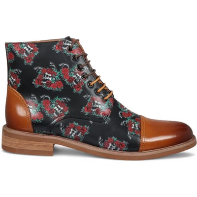 Justin Reess Heren Bruine Oxford Enkellaarsjes van Leer met Bloemenprint - Adam Skull