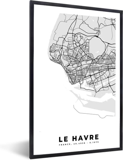 Fotolijst incl. Poster - Frankrijk - Plattegrond - Kaart - Le Havre - Stadskaart - 40x60 cm - Posterlijst