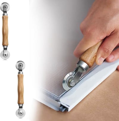 Set van 2 - Gereedschap voor raamhorren - Rolgereedschap voor raamhorren - Professionele rolgereedschappen - Dubbelzijdige rolkoppen (concaaf-convex) - Voor het installeren en repareren van deur- en raamhorren - Metalen wielen met houten handvat