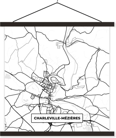 Posterhanger incl. Poster 60x60 cm - Schoolplaat - Stadskaart - Charleville-Mézières - Plattegrond - Kaart - Frankrijk - Zwart wit - Textielposter - Zwarte latten - Stadskaart