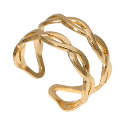 Aramat Jewels | Ringen | Open Ring RVS met Gevlochten Lijnen (12 mm) | Goudkleur | |14mm | Staal | Volwassenen | Verkleurd niet