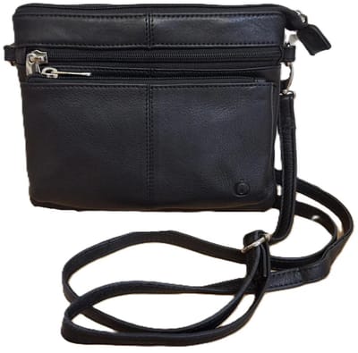 Oi zwart leren damestasje Tineke / plat praktisch schoudertasje met veel ritsen / festivaltasje compact ook cross te dragen / zwart leer / 662