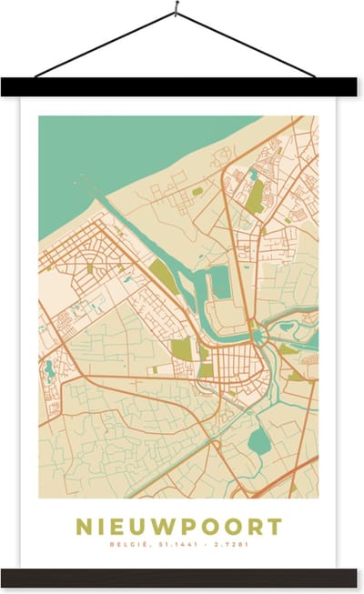 Posterhanger incl. Poster 40x60 cm - Schoolplaat - België - Plattegrond - Nieuwpoort - Kaart - Stadskaart - Textielposter - Zwarte latten - Stadskaart