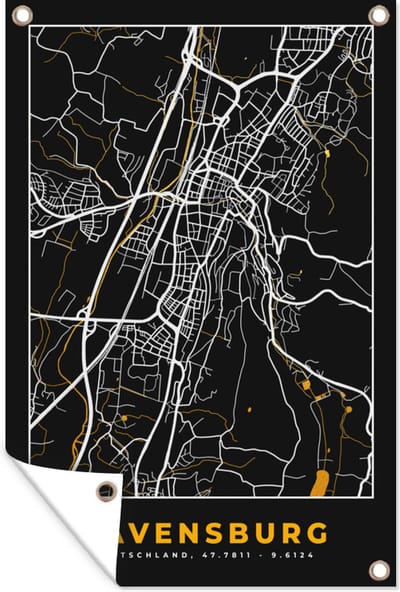 Muurdecoratie Goud – Duitsland – Plattegrond – Gold – Stadskaart – Kaart – Ravensburg - 120x180 cm - Tuinposter - Tuindoek