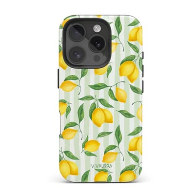 VivaLora Tough Telefoonhoesje iPhone 16 Pro met MagSafe - Citrus Stripes Print - 2-in-1 Phone Case - Hard Case & Siliconen Back - Citroenen Dessin - Extra Bescherming - Shockproof - Geel/Groen