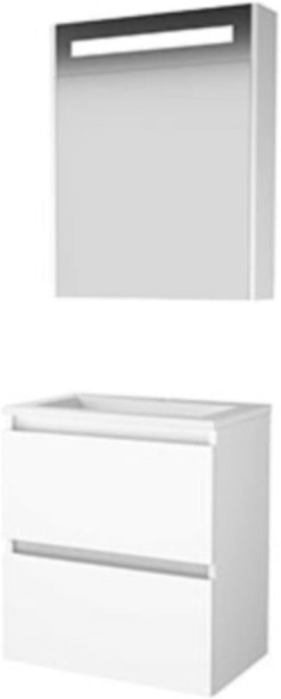 Basic-Line Premium 39 Badkamermeubelset - Ondiep - 60 x 39 cm - Greeploos - 2 Lades - Keramische Wastafel - 1 Kraangat - Spiegelkast met LED Verlichting - Ice White