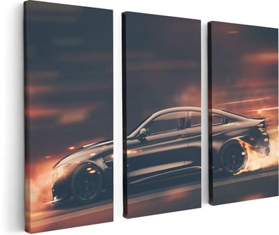 Artaza Canvas Schilderij Drieluik Zwarte Sportwagen Auto Met Vlammen - 120x80 cm - Wanddecoratie Woonkamer - Schilderijen - Muurdecoratie