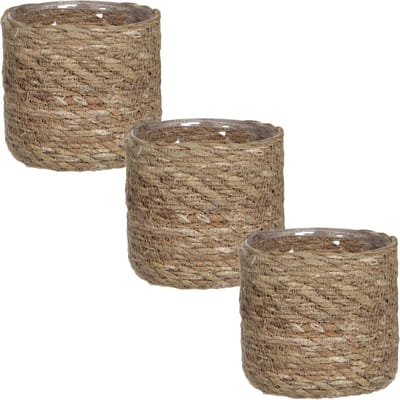 Mica Decorations Plantenpot - 3x stuks - rotan - bruin - plantenmand - 12 x 12 cm - Met plastic binnenkant