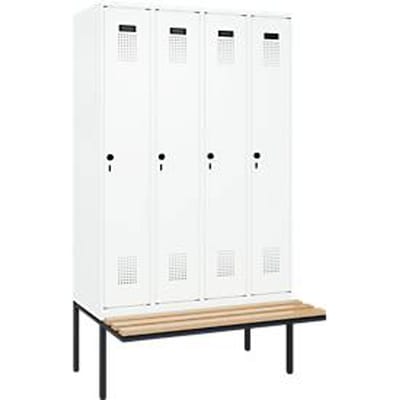 C+P Evolo Plus garderobekast, 4 vakken van elk 300 mm breed, zwevende bank, B 1200 x D 815 x H 2120 mm, draaibare grendel, verkeerswit/verkeerswit
