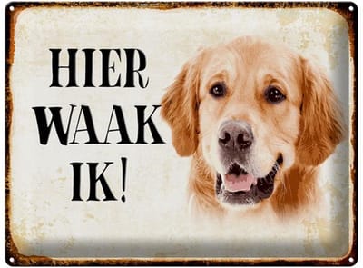 Metalen bord 40x30cm nederlands Hier Waak ik Golden Retriever