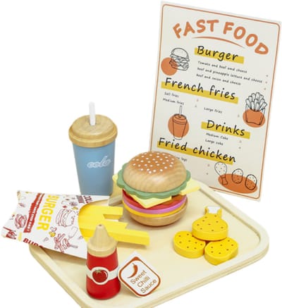 Keukenspeelgoedset voor kinderen - Houten keukenspeelgoed - Hamburger fastfoodset - Educatief rollenspelcadeau