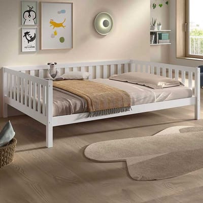 Vloerbed Dallas - 140x200cm - Massief Dennenhout - Wit - Vipack - Floor_bed - Wit - Hout Eenpersoons Floor_bed