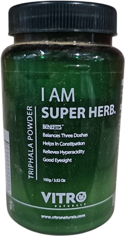 Vitro Triphala Poeder | 100% Natuurlijke Ayurvedische Supplementen voor Haar, Huid, Spijsvertering en Weerstand | Rijk aan Vitamine C en Antioxidanten | 1 x 100g met Kajal Sticker