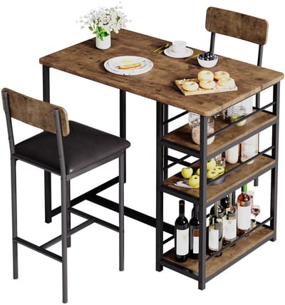 Jently eettafel set - eetkamer set - bartafel en stoelen - keukentafelset - 2 gestoffeerde stoelen - opbergplanken - hout/zwart