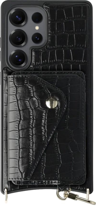 AVY Leren Hoesje Geschikt voor Samsung Galaxy S25 Ultra | Met Magnetische Kaarthouder | Compatibel met MagSafe | Leather Case met Wallet | Croco Zwart