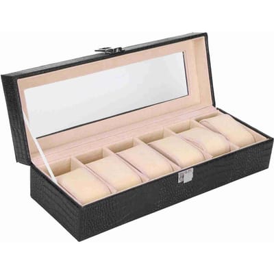 6-Vakken Horlogedoos PU Leer Rechthoekig Polshorloge Display Case Organizer Cadeau Zwart beige