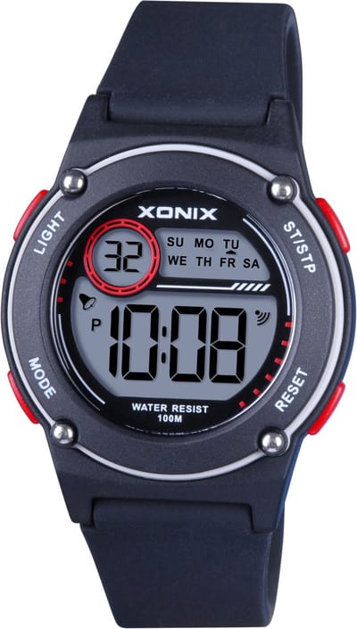 Xonix BBP-007 - Horloge - Polshorloge - Digitaal - Unisex - Rond - Siliconen band - ABS - Schermverlichting - Alarm - Datumaanduiding - Start-Stop - 12/24H - Zwart