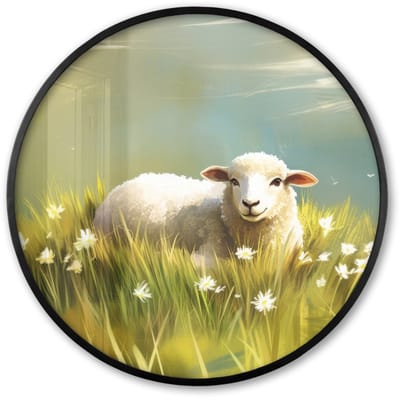 Poster in lijst Rond - Fotolijst 60x60 cm - Posters - Schaap - Weide - Groen - Ronde posterlijst zwart - Decoratie - Wanddecoratie woonkamer - Muurdecoratie slaapkamer