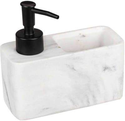Resa Marmer, zeepdispenser voor de keuken in marmerlook met praktisch sponsvak, inclusief spoelspons, navulbaar, inhoud ca. 150 ml, 14,5 x 14,3 x 6 cm, wit/zwart