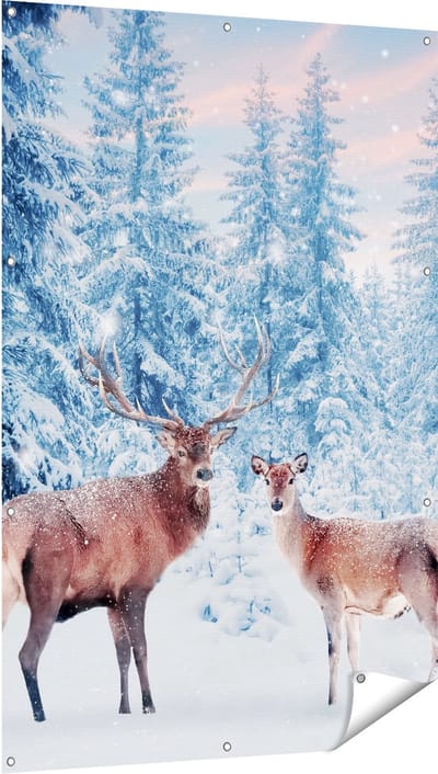 Gards Tuinposter Twee Herten in het Bos met Sneeuw - 100x150 cm - Tuindoek - Tuindecoratie - Wanddecoratie buiten - Tuinschilderij