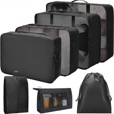 Famanu - 8-delige waterdichte packing cubes set met make-uptas – Zwart