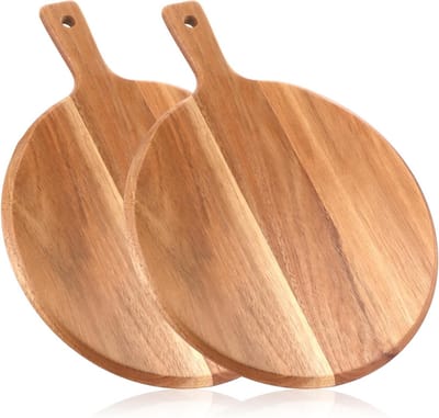 Set van 2 ronde pizza borden van 30,5 cm, houten serveerplank met handvat, ideaal voor kaas en charcuterie