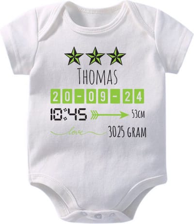 Hospitrix Baby Rompertje met Geboortegegevens Groen Jongen | Korte Mouw | Cadeau voor Zwangerschap | Bekendmaking | Aankondiging