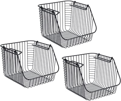 Opbergmandje - 3x - zwart - stapelbaar - 29 x 27 x 21 cm - draadmand - opbergen - opruimen - Opbergmanden/opruimmanden