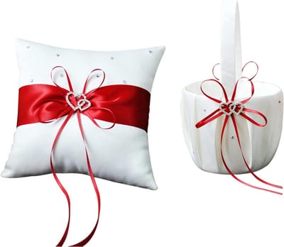 Bruiloft Set - Bloemenmand Ringkussen - Bruiloft Decoratie - Dubbele Hart Versiering - 22x13cm - Wit